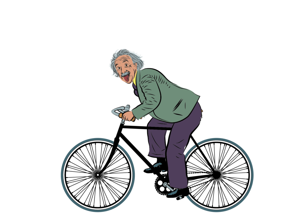 Albert Einstein en bicicleta simboliza ideas creativas